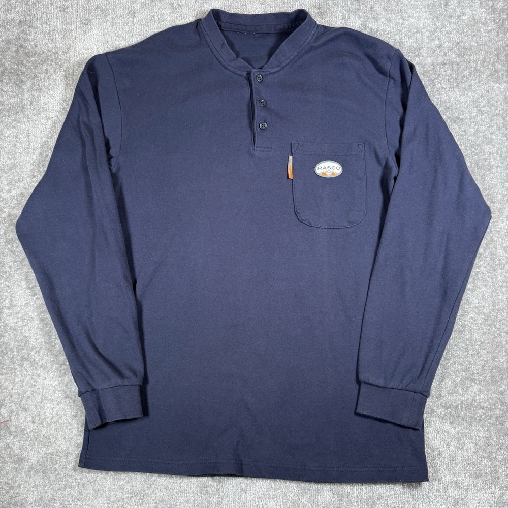 Rasco FR Henley Shirt Men's Large Blue Long Sleeve Flame Resistant Workwear